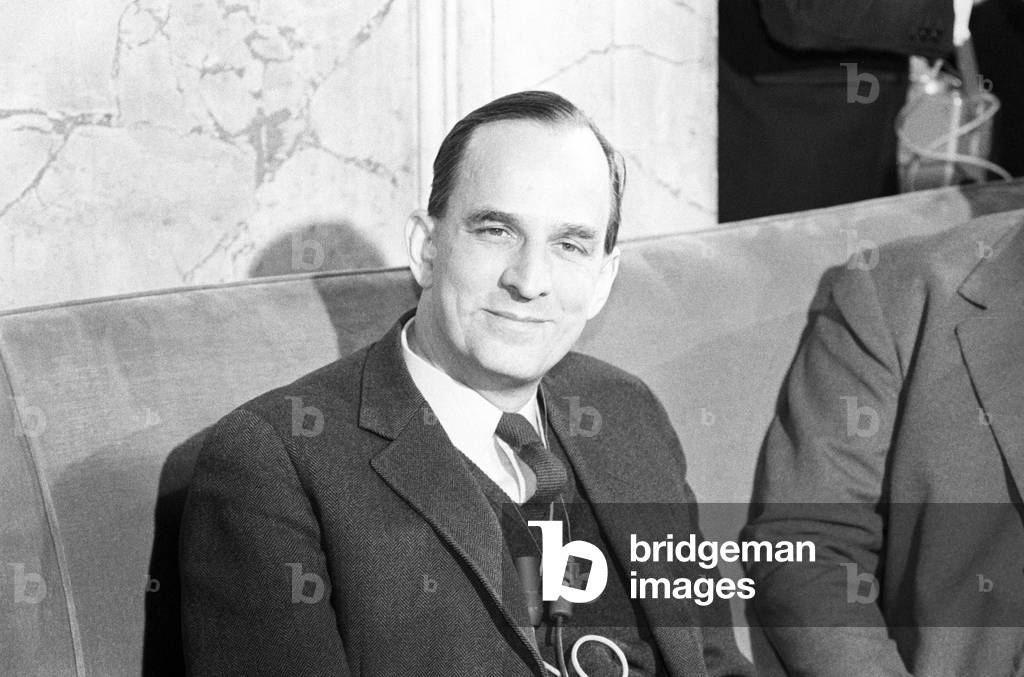 Ingmar Bergman during a press conference, Italy, 1969 (b/w photo)