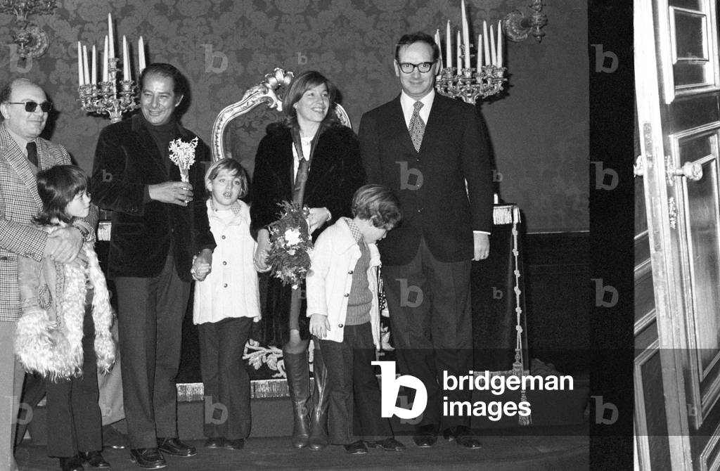Ennio Morricone at Gillo Pontecorvo and Teresa Ricci's wedding, Italy, 1971 (b/w photo)