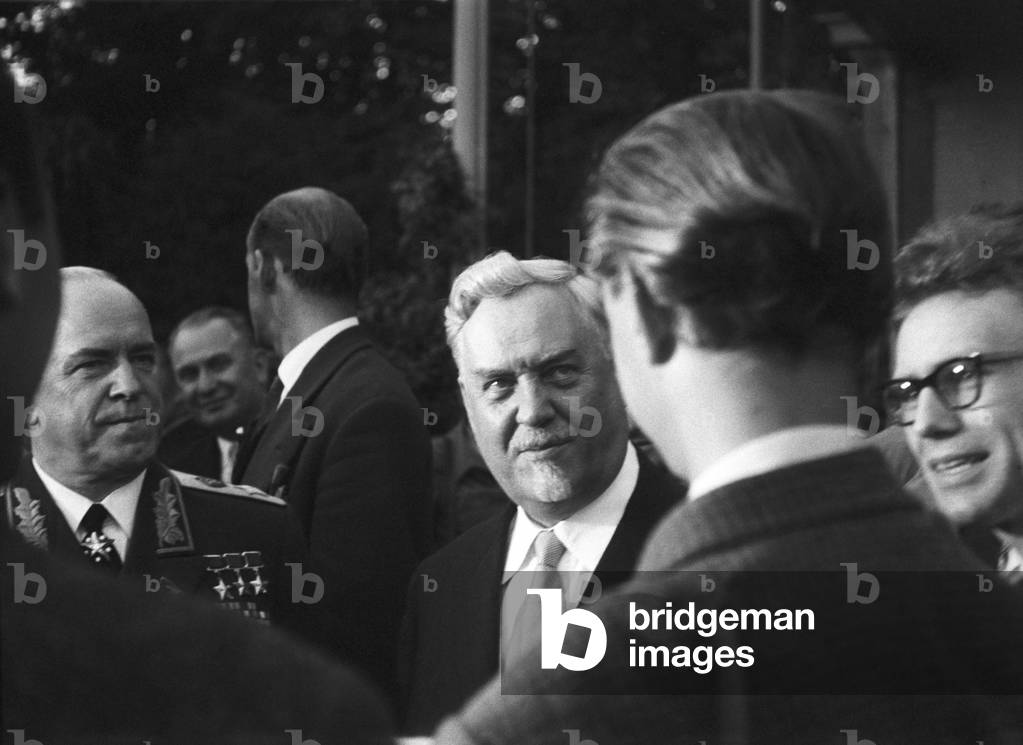 Nikolai Bulganin discussing with other men at the Geneva Summit, Geneva, Switzerland