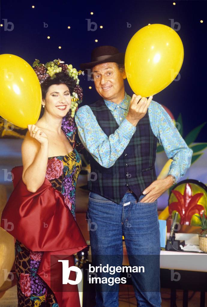 Renzo Arbore and Marisa Laurito on the set of a television show, Rome, Italy