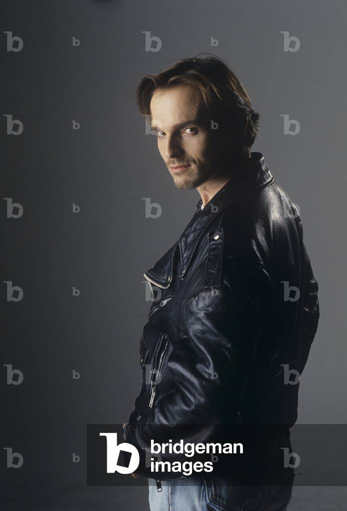 Portrait of Miguel Bosé in a leather jacket, Italy