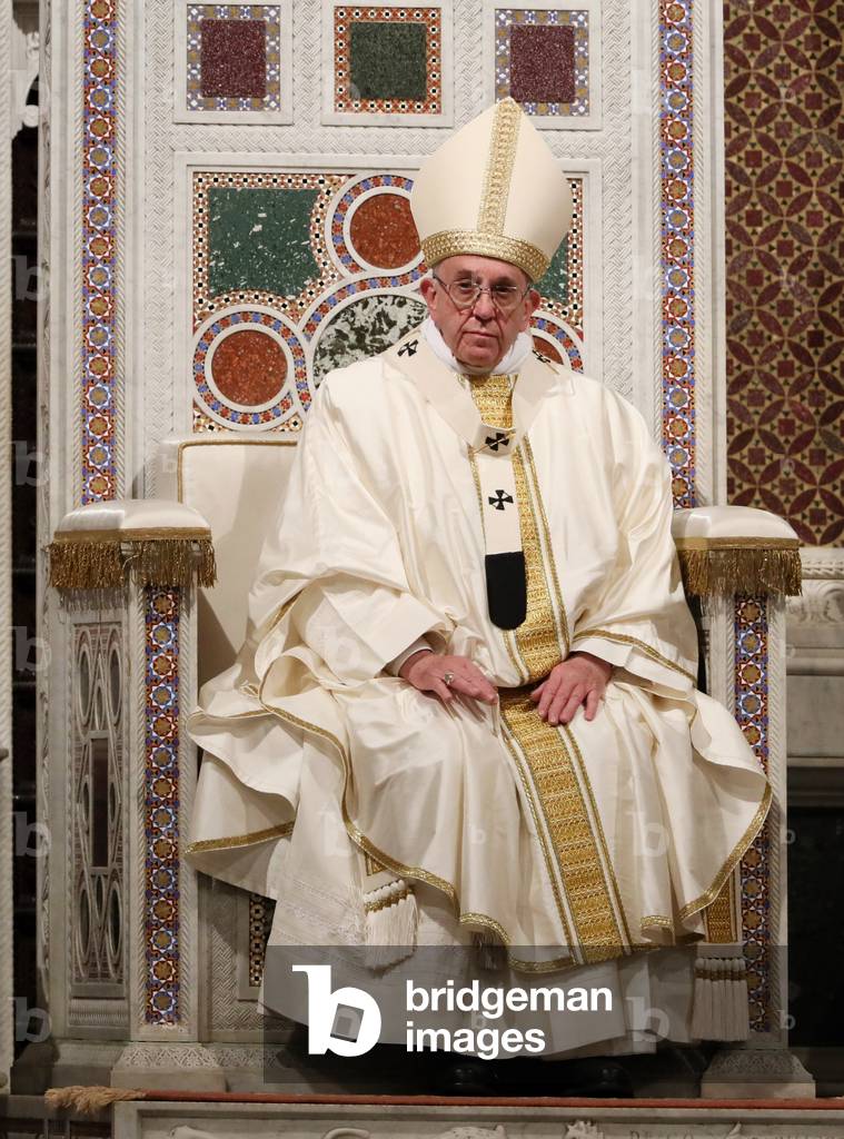Pope Francis (Jorge Mario Bergoglio) chairing the Holy Mass for the Jubilee of the 800 years of the foundation of the Order of Preachers - the Dominicans - at the Basilica of San Giovanni in Laterano, Rome, Italy, 21st January 2017 (b/w photo)
