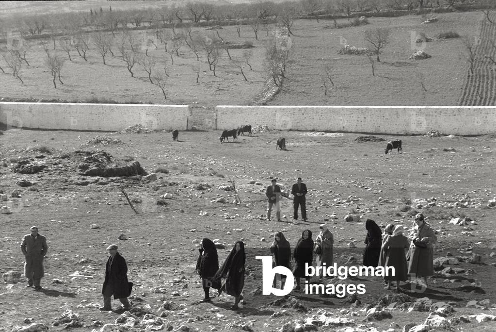 Men and women in the countryside (b/w photo)