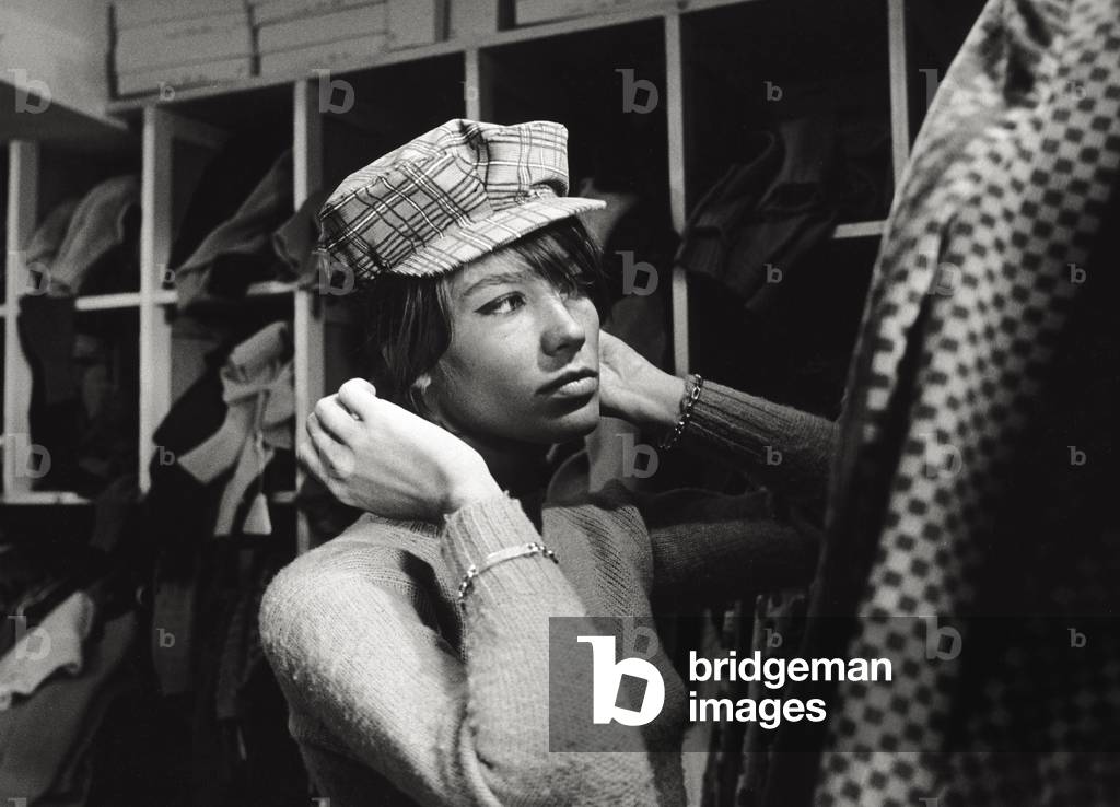 Francoise Hardy in a dress shop, 1966 (b/w photo)