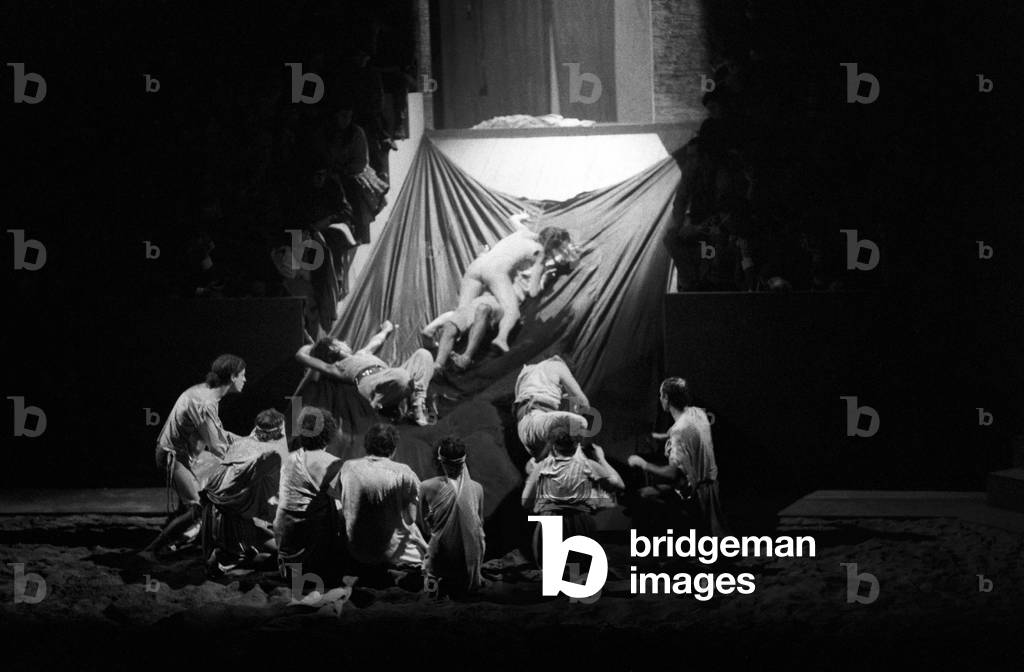 Actors playing Satyricon at Teatro dell'Elfo in Milan, Milan, Italy, 1979