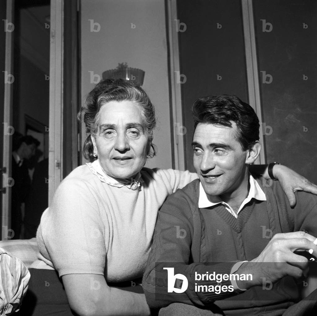 Walter Chiari with mom Enza, Italy, 1950 (b/w photo)