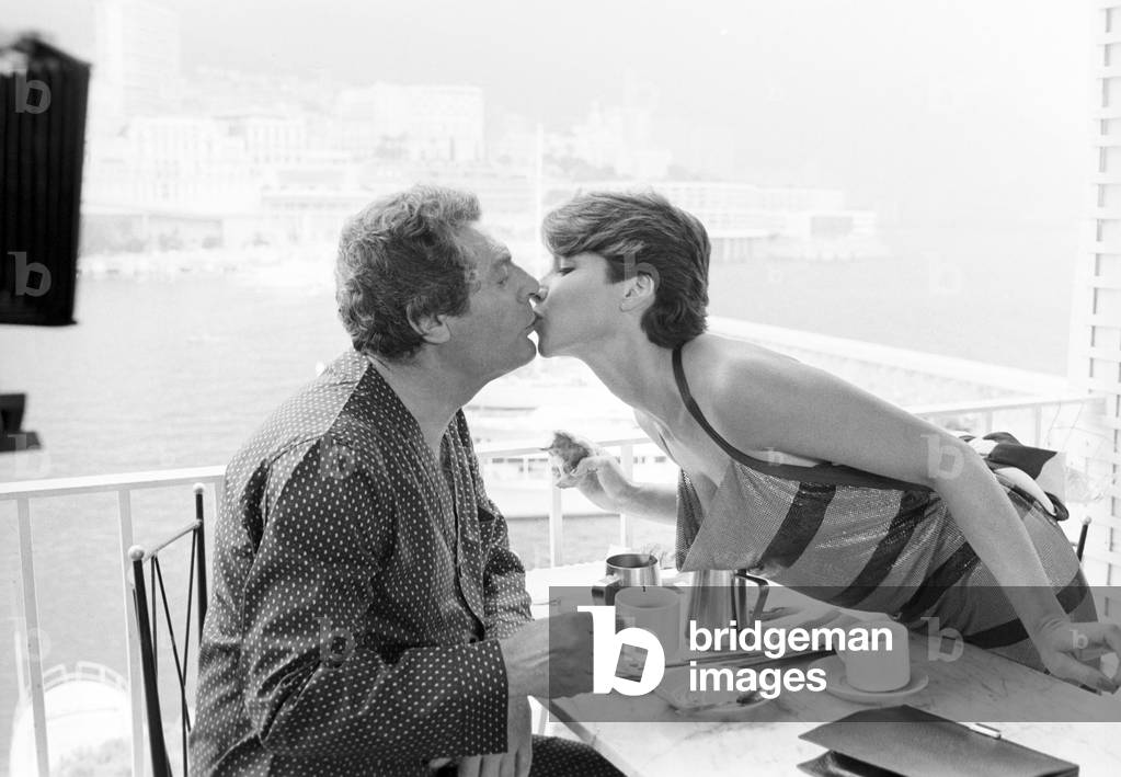 Marcello Mastroianni and Caroline Berg in the film The Two Lives of Mattia Pascal, Italy, 1984 (b/w photo)