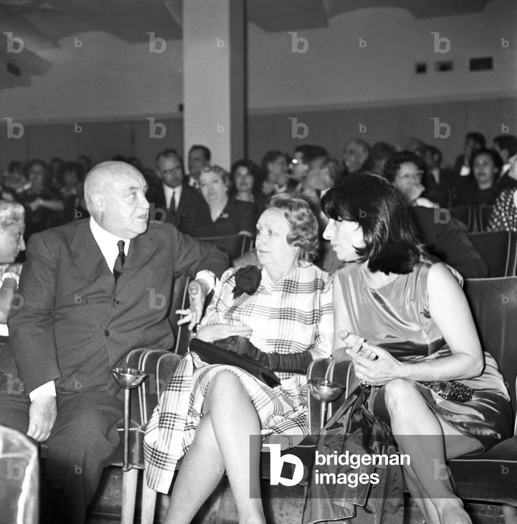 Anna Magnani and Biancarosa Fanfani attending a meeting, Italy, 1961 (b/w photo)