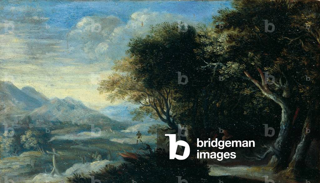 Rocky Wooded Landscape with Asleep Peasants, by Unknown Flemish artist, ca. 1650 - 1700, 17th Century, oil on copper, 11 x 20 cm