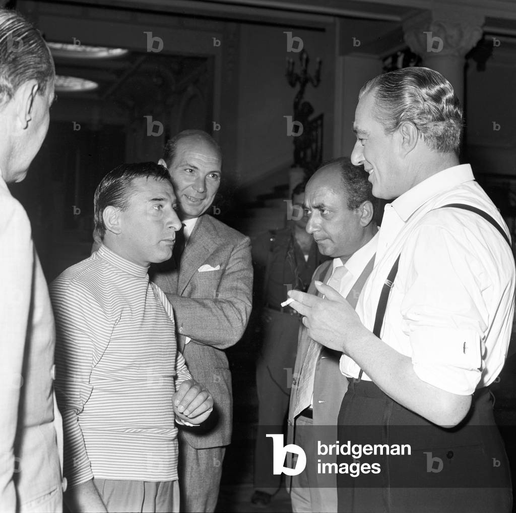 Renato Rascel and Vittorio De Sica on the set of the film The Monte Carlo Story, Monaco, 1956 (b/w photo)