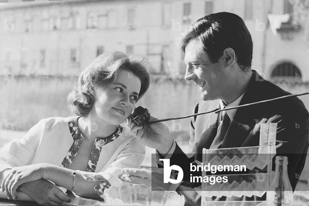 Marcello Mastroianni and Jeanne Moreau on the set of La notte, Italy, 1960 (b/w photo)