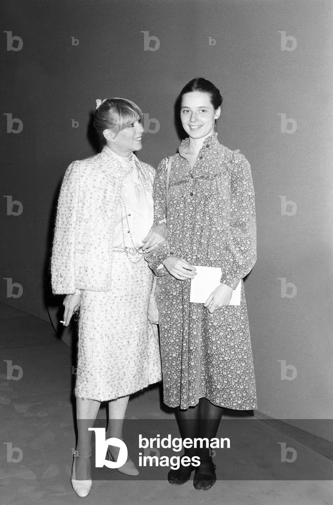Isabella Rossellini and Delia Scala in a TV studio, Italy, 1979 (b/w photo)