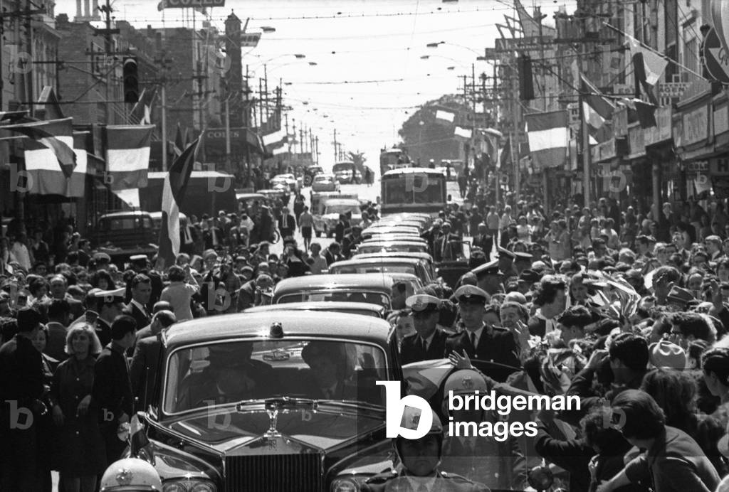The President of Italian Republic Giuseppe Saragat being welcomed by Italian immigrants during a state visit, Australia, 1967 (b/w photo)