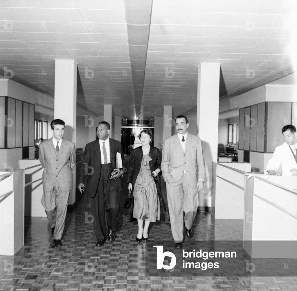 Richard Wright, his wife Ellen Poplar and Alberto Mondadori at Mondadori plant, Verona, Italy, 1957