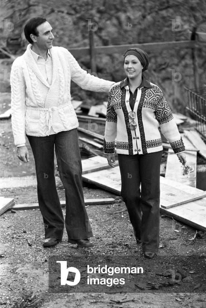 Pippo Baudo, italian tv host, with his longtime girlfriend Maria Grazia Grassini, Italy, 1977 (b/w photo)