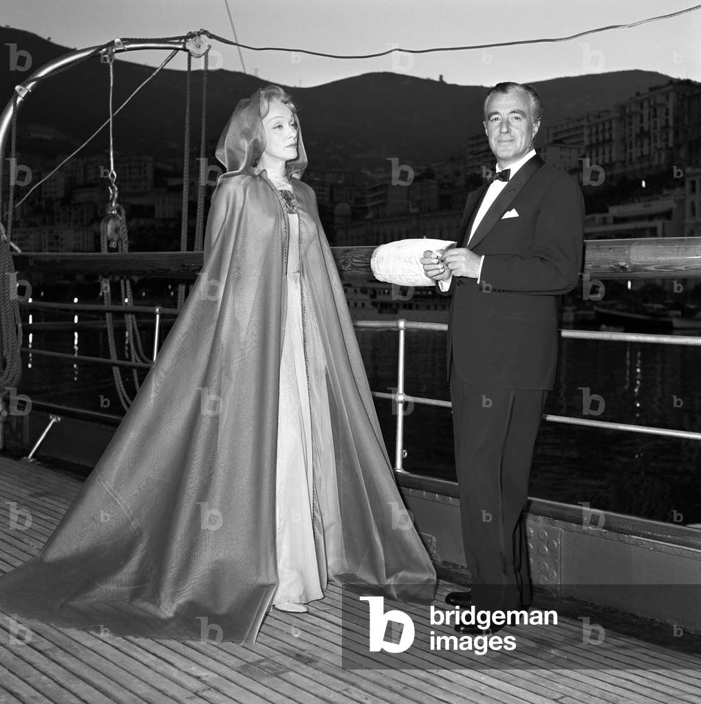 Marlene Dietrich and Vittorio De Sica on the set of the film The Monte Carlo Story, Monaco, 1956 (b/w photo)