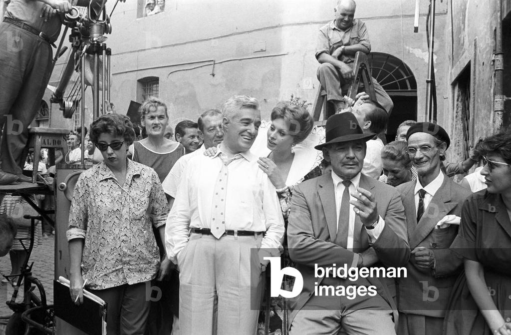 Clark Gable, Vittorio De Sica and Sophia Loren on the set of It Started in Naples, Italy, 1960 (b/w photo)