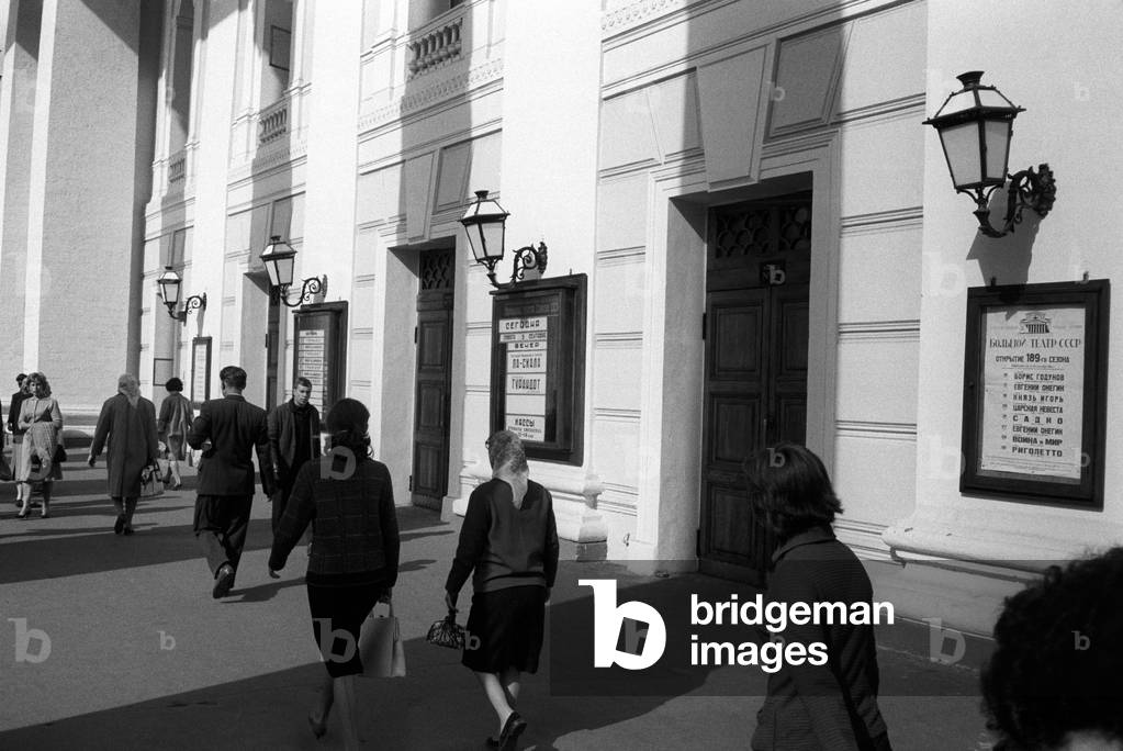 Outside the Bolshoi Theatre in Moscow, 1964 (b/w photo)