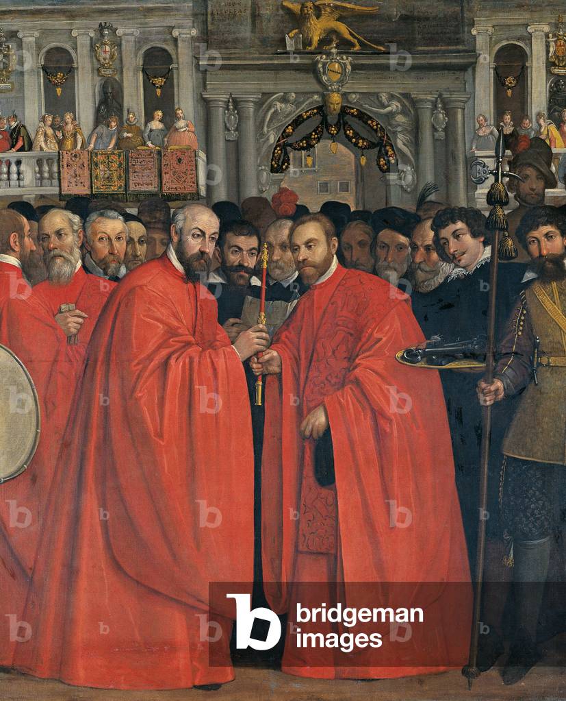 The Captain Lorenzo Foscarini receives from his predecessor the keys that give him the command (Il Capitano Lorenzo Foscarini riceve dal suo predecessore le chiavi del comando), 1619 - 1621, 17th Century
