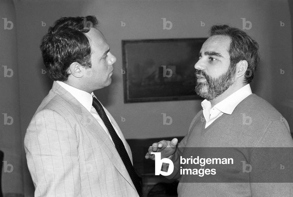 Carlo Verdone and Angelo Rizzoli at Premio Ischia ceremony, Italy, 1982 (b/w photo)
