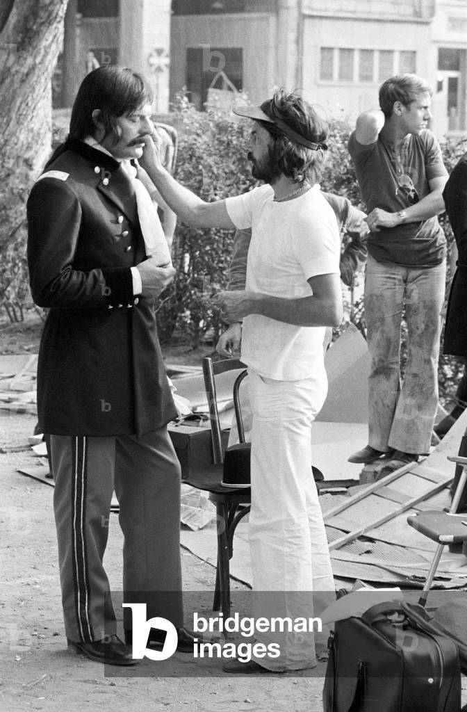 Marcello Mastroianni on the set of the film Don't Touch the White Woman!, Italy, 1974 (b/w photo)
