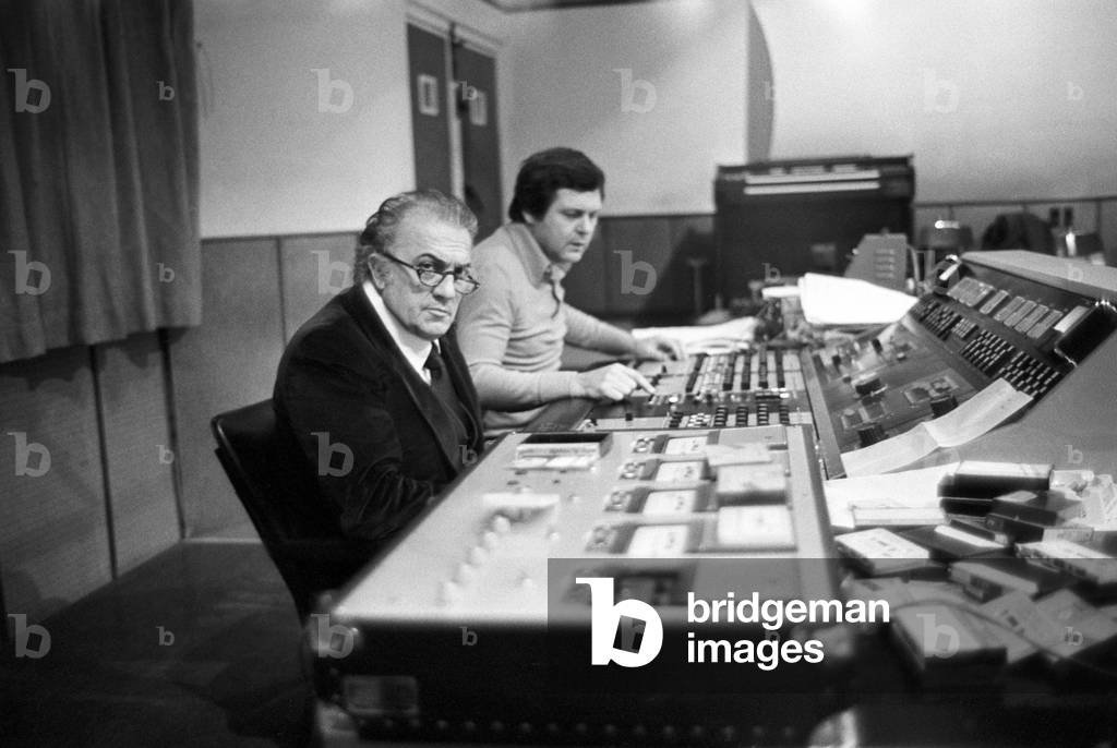 Federico Fellini in a recording studio, Italy, 1970 (b/w photo)