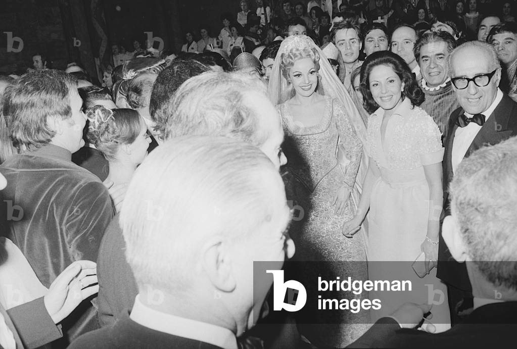 Mariano Rumor, Giuseppe Di Stefano, Rajna Kabaivanska and Vittoria Leone at the inauguration of the Teatro Regio in Turin, Italy, 1973 (b/w photo)