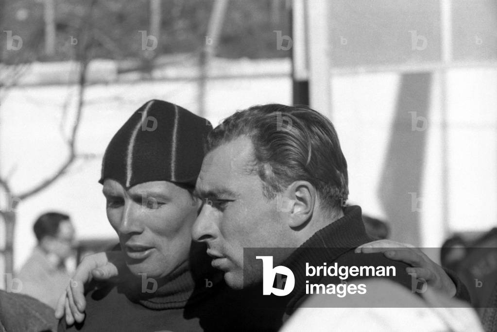 Soviet athletes, Winter Olympics, Cortina d'Ampezzo, Italy, 1956 (b/w photo)
