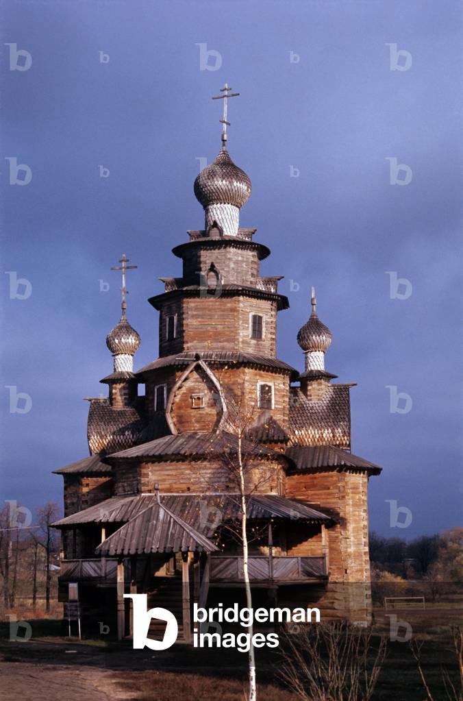 The tall wooden church of the Transfiguration in the old village of Suzdal, Suzdal, Russian Federation