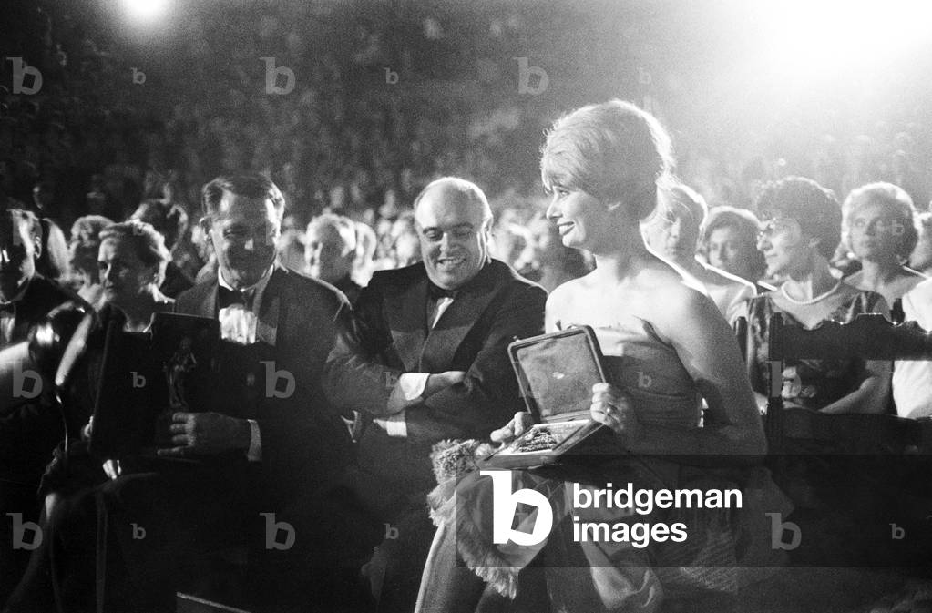 Cary Grant, Sophia Loren and Carlo Ponti at the David di Donatello award ceremony, Italy, 1960 (b/w photo)