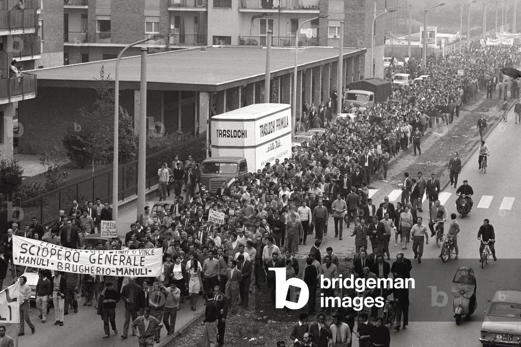Protest march of workers, 1969 (b/w photo)