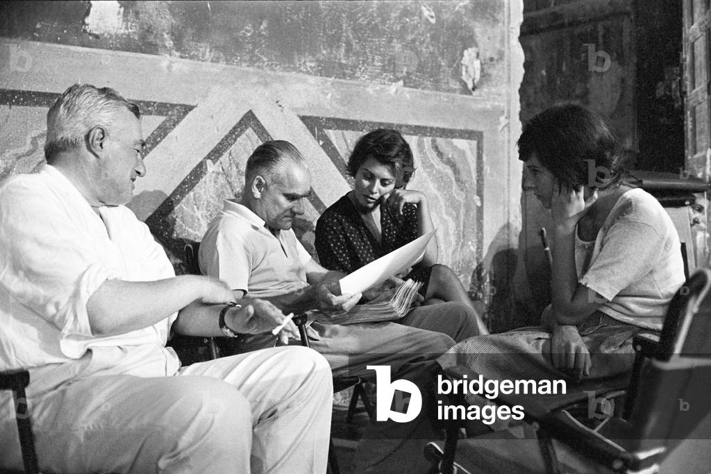 Alberto Moravia, Eleonora Brown, Vittorio De Sica and Sophia Loren on the set of Two Women, Italy, 1960 (b/w photo)