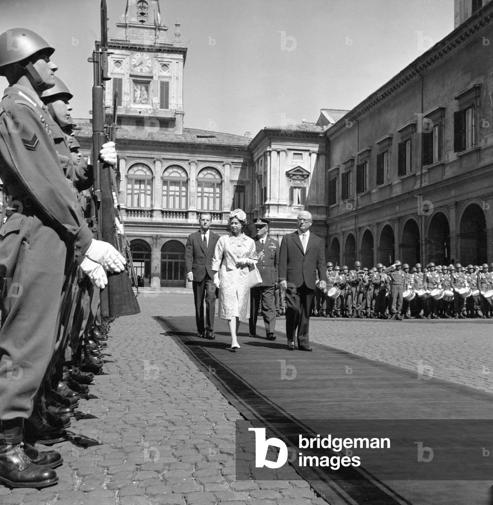 Elizabeth II and Giovanni Gronchi at Quirinal Palace, Italy, 1961 (b/w photo)