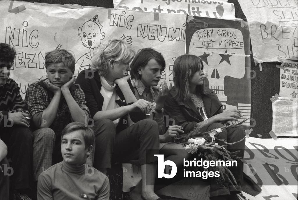 Students at a demonstration in Prague, 1968 (b/w photo)