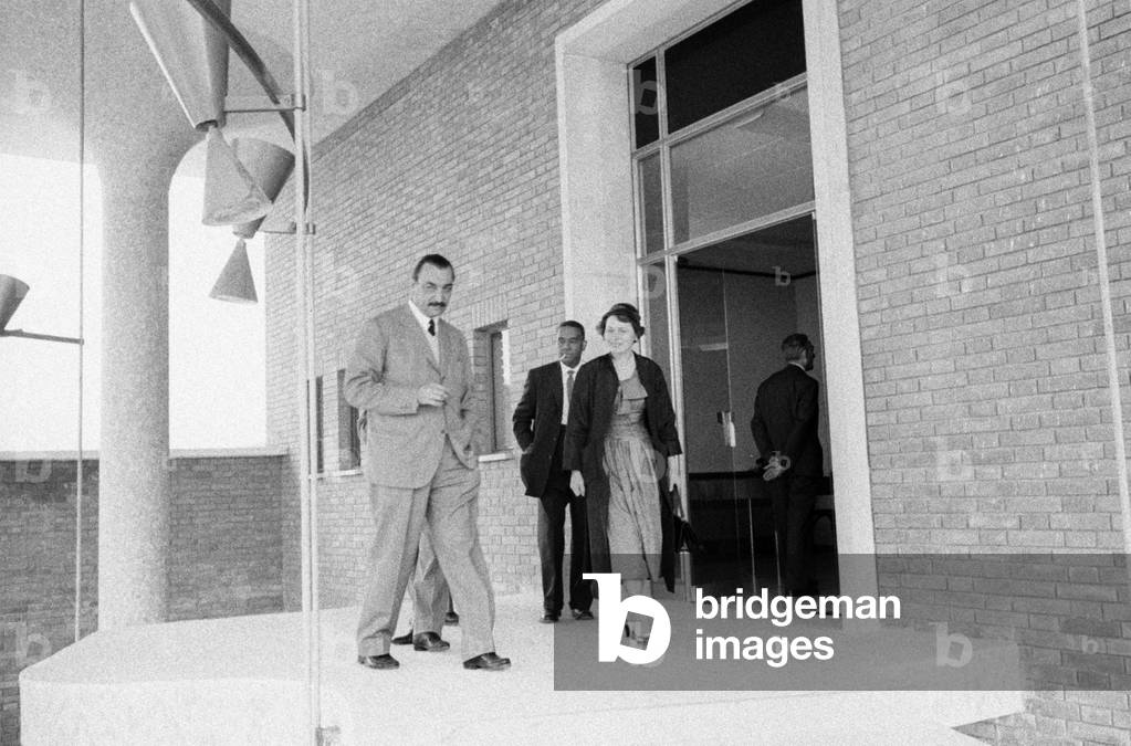 Richard Wright, his wife Ellen Poplar and Alberto Mondadori at Mondadori plant, Verona, Italy, 1957