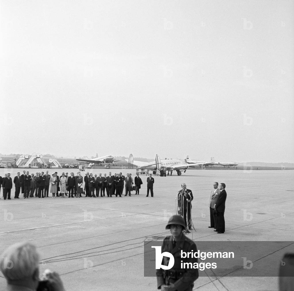 Edgar Faure speaking at the Geneva Airport, Geneva, Switzerland