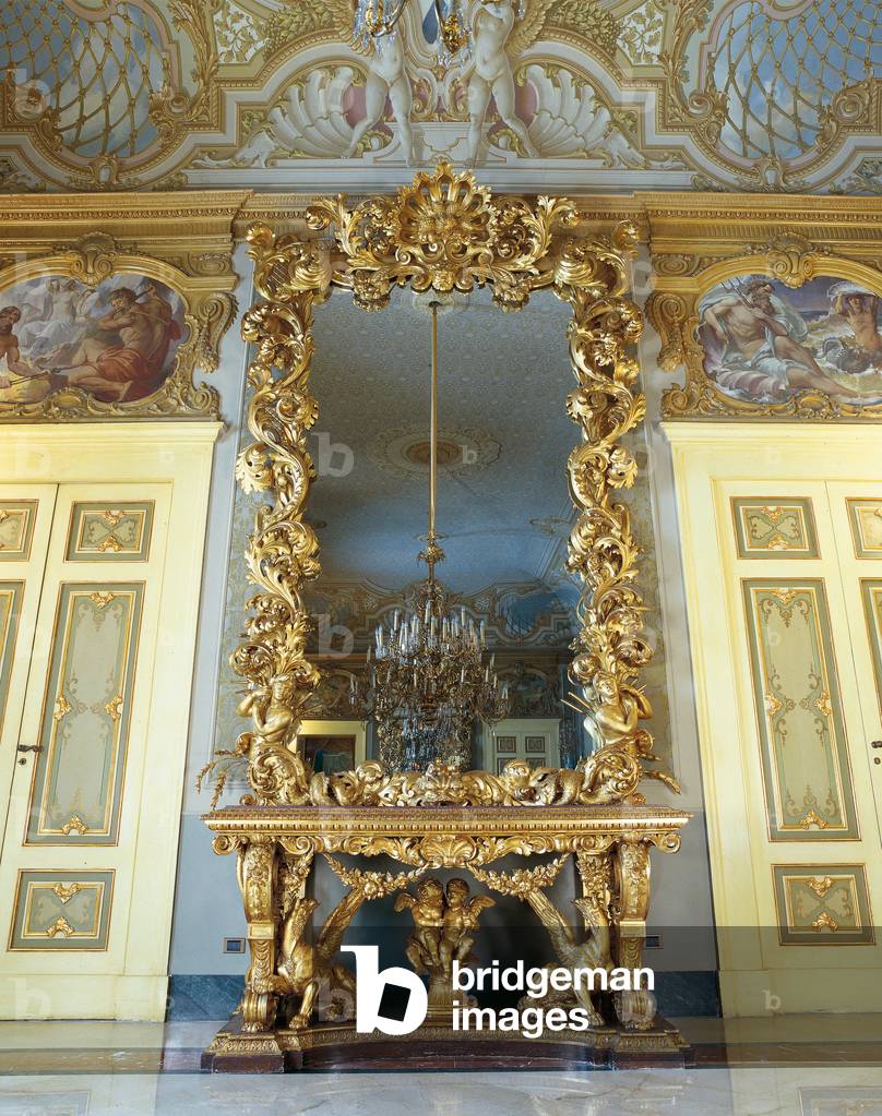 Console with mirror (Consolle con specchiera), by Ranieri Bardi, Angiolo Barbetti, 1854, 19th Century, carved and gilded wood