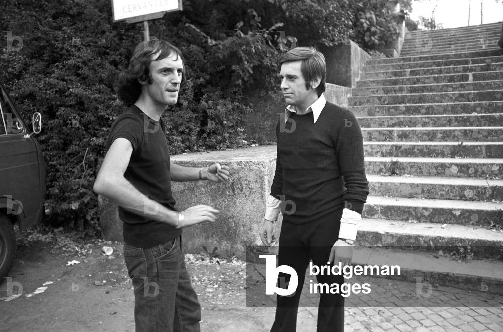 Dario Argento and Enzo Cerusico on the set of TV show Door into Darkness, Italy, 1972 (b/w photo)