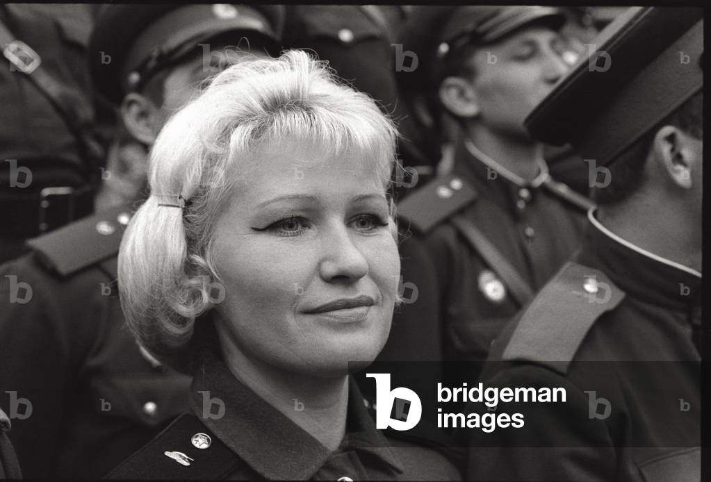 Close-up of a woman soldier, 1968 (b/w photo)