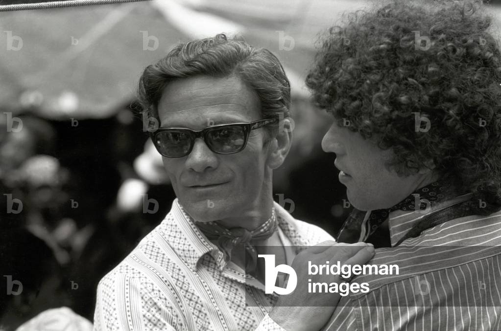 Pier Paolo Pasolini and Ninetto Davoli on the film set of Notes for an African Orestes, Italy, 1968 (b/w photo)