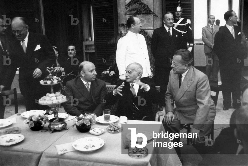 Luigi Einaudi, Mario Scelba, Palmiro Togliatti and Umberto Terracini during a reception, Rome, Italy