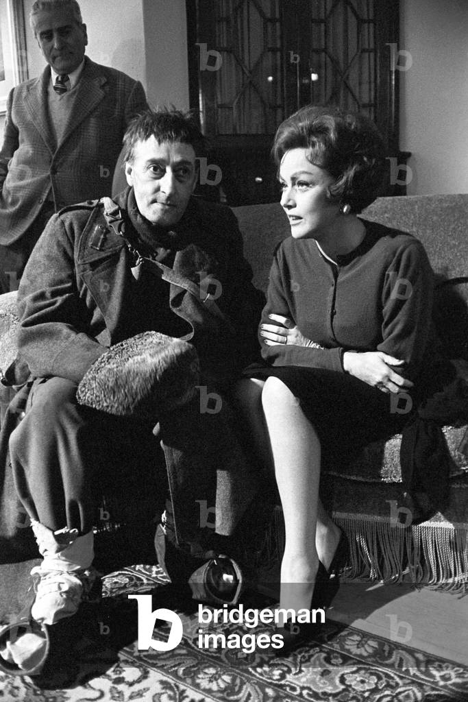 Nadia Gray and Totò on the set of Letto a tre piazze, Italy, 1960 (b/w photo)