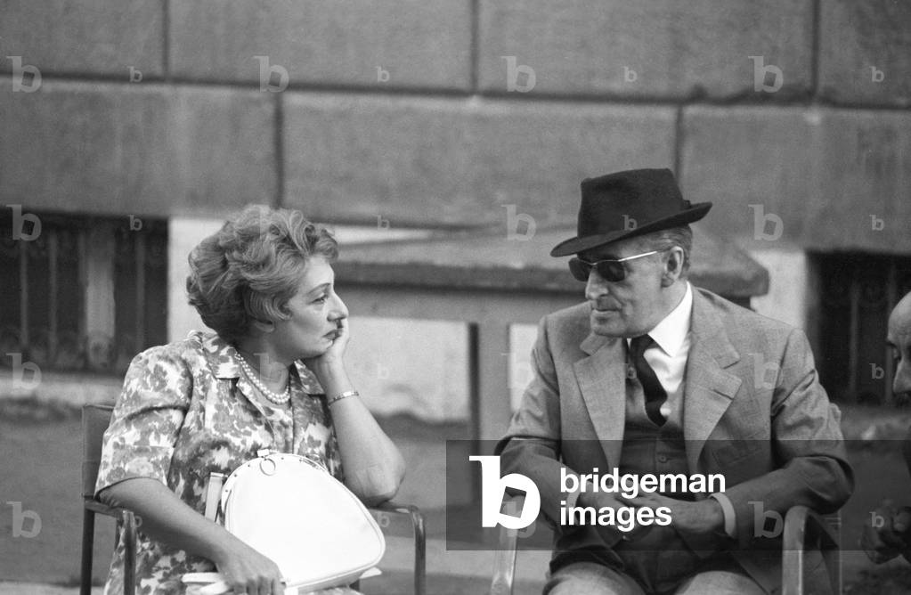 Totò and Andreina Pagnani on the set of Il comandante, Italy, 1963 (b/w photo)
