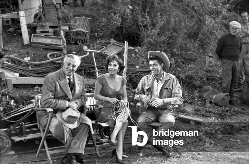 Gina Lollobrigida, Dale Robertson and Vittorio De Sica on the set of Anna of Brooklyn, Rome, Italy, 1957 (b/w photo)