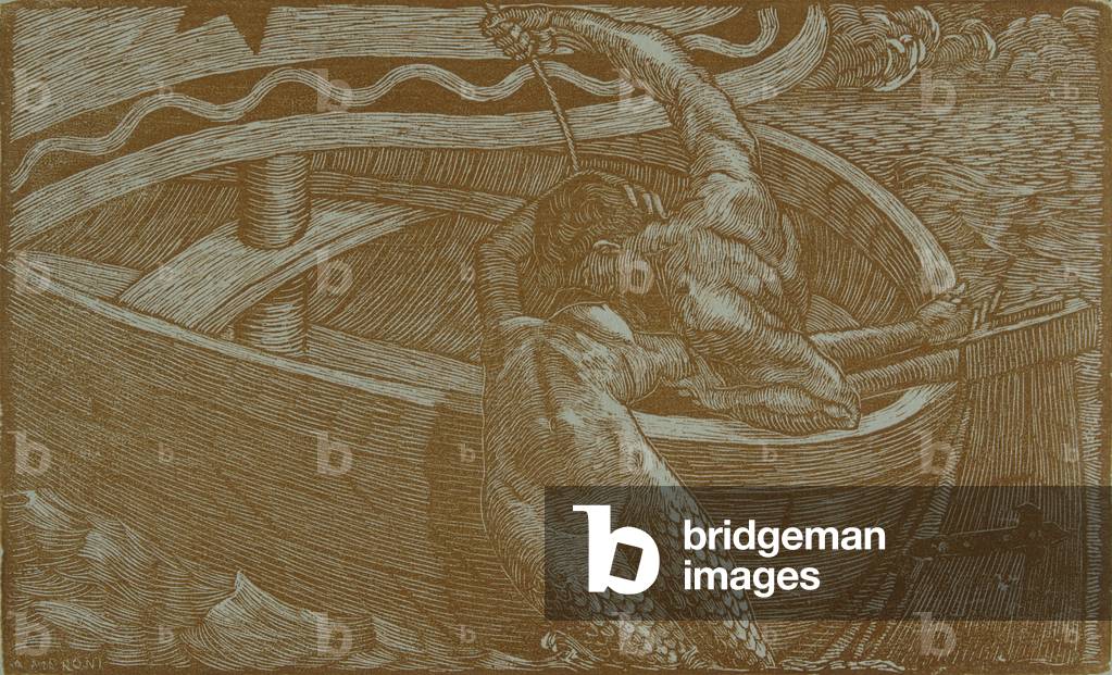 The mermaid's kiss (Il bacio della sirena), by Antonio (Antonello) Moroni, 1913, 20th Century, xylography