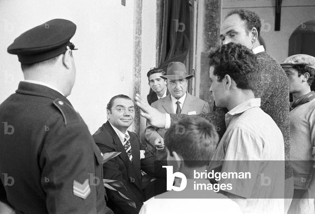 Ernest Borgnine on the set of the film The King of Poggioreale, Italy, San Remo, 1961 (b/w photo)