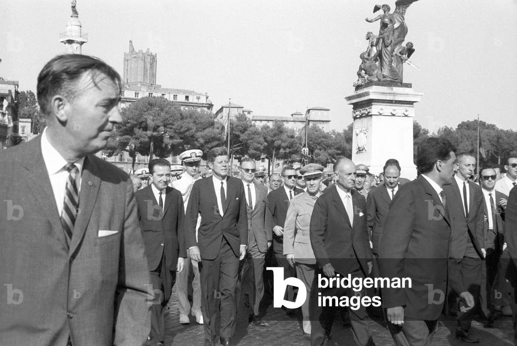 John F Kennedy on an official visit to Rome, 1963 (b/w photo)