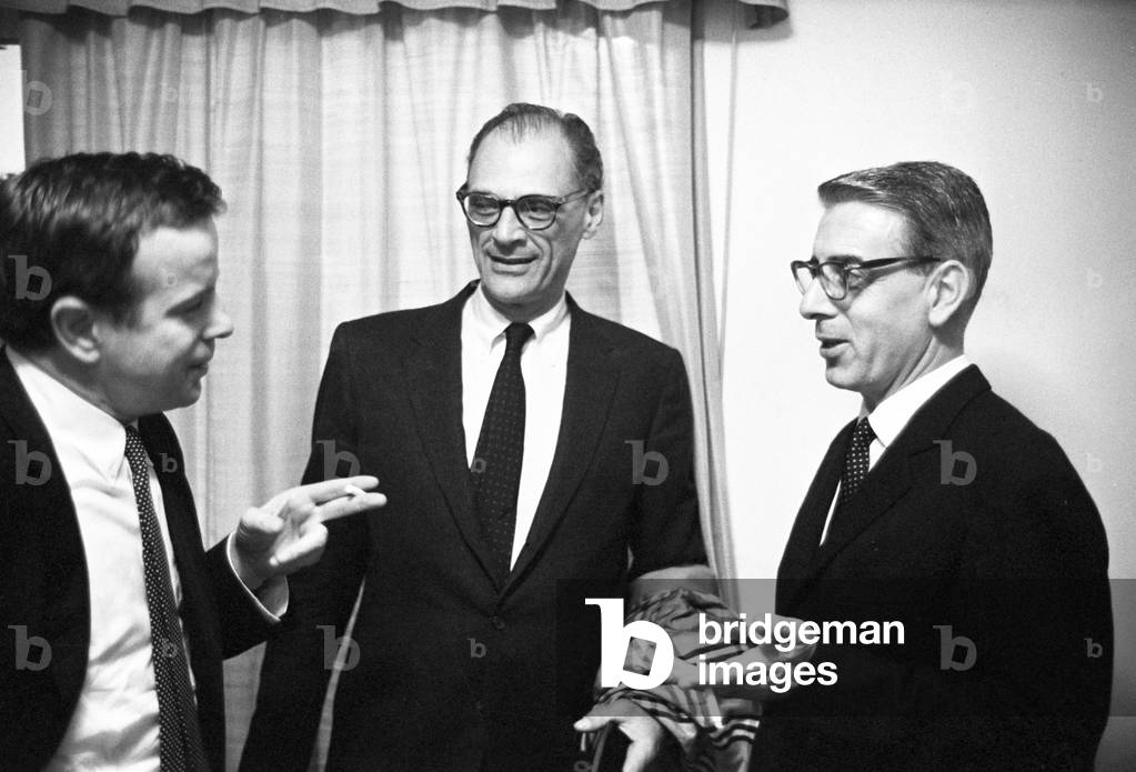 Franco Zeffirelli and Arthur Miller chatting, Italy, 1964 (b/w photo)