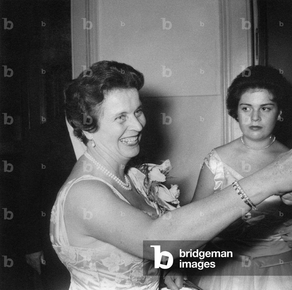 A smiling Maria Mautner Markhof at the Ball of the Philharmonics, Austria, 1955 (b/w photo)