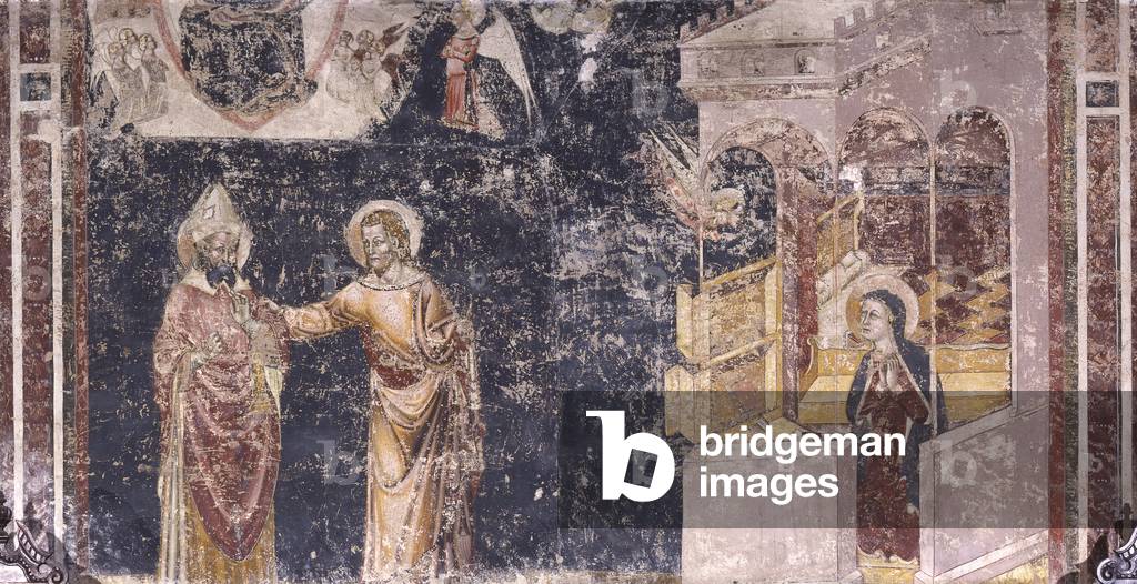 Annunciation, Gabriel Mission, by Master of Saint Augustin in Vicenza, 14th Century, fresco